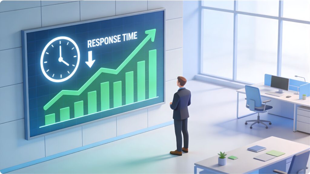 Corporate illustration showing improved sales efficiency and reduced response time after CRM automation.