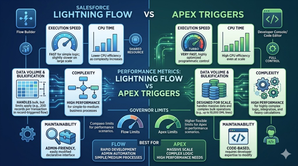 Performance metrics Salesforce Lightning Flow vs Apex Triggers